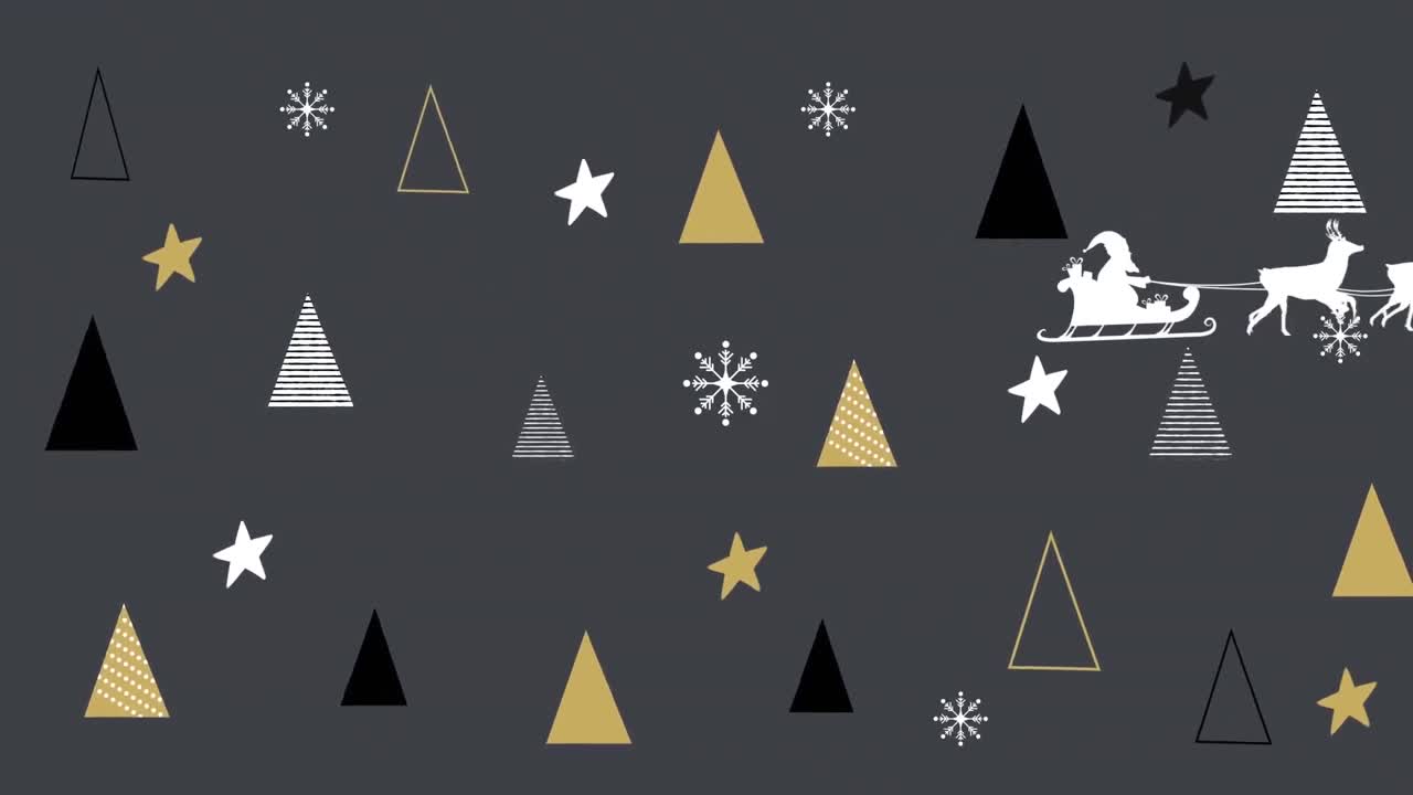animación de árboles de navidad y santa en trineo con renos en fondo negro