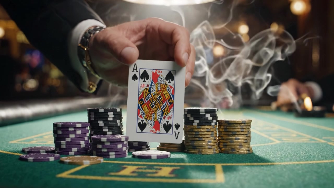 Scena di un'intensa partita a poker con fiches impilate e un asso di picche di alto valore tra il fumo in un'atmosfera di lussuoso casinò.
