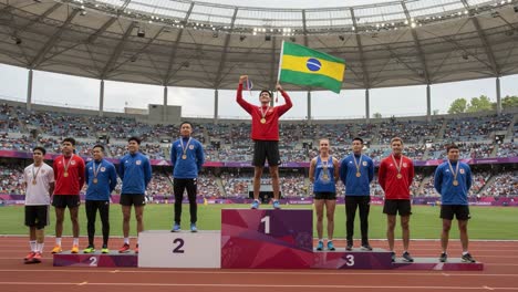 celebrating athletic excellence: medal ceremony with podium finishers holding national flags and wearing medals