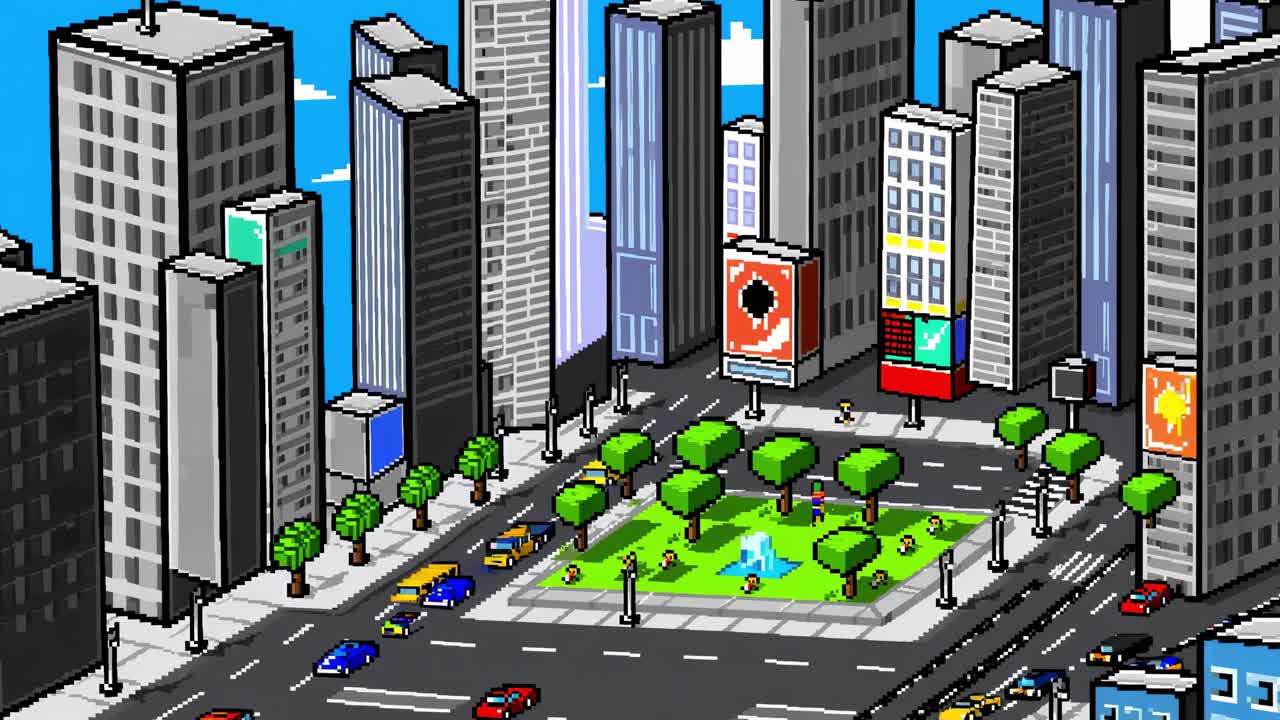 Vibrant cityscape animation showcases a bustling urban park scene with trees, fountain, and colorful vehicles in continuous motion sequence