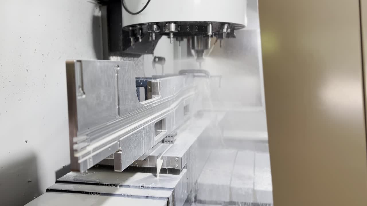 Close-up footage showing aluminium metal being precisely milled with a high-pressure CNC waterjet machine in an industrial workshop