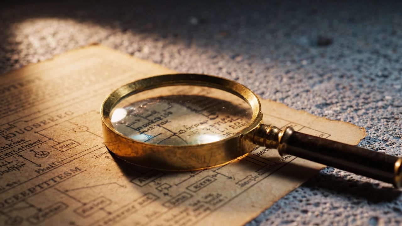 A Magnifying Glass Over Ancient Manuscript Showing Intricate Details, Perfect for Examination of Historical Documents and Artifacts in a Soft Lighting Environment