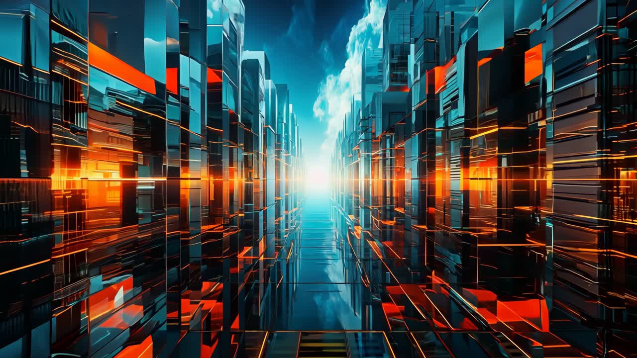 una ciudad futurista con un cielo azul brillante en el fondo