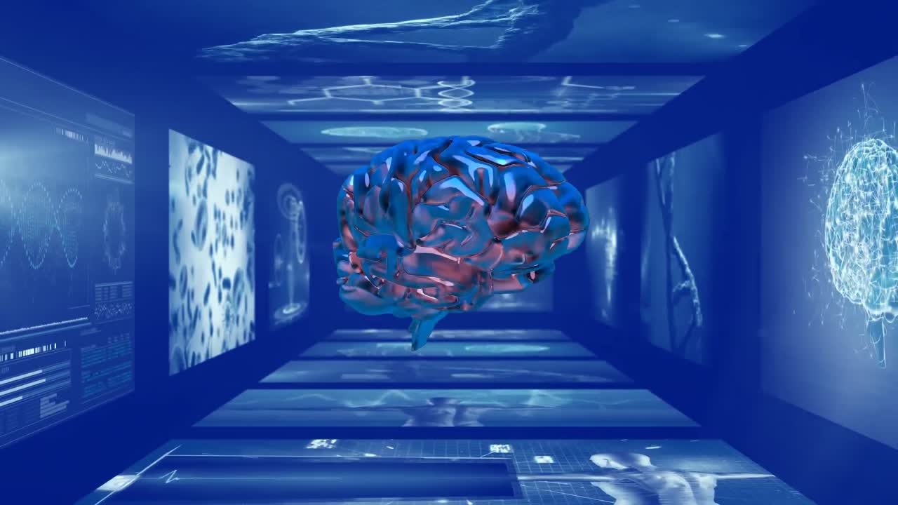 Rotating 3D brain in hallway of scientist screens