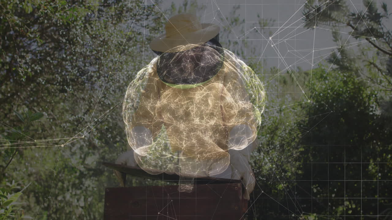 Beekeeper inspecting hive box in agricultural tech, with glowing brain graphic and neural lines