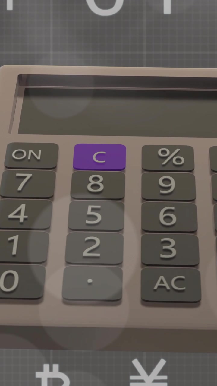 Animazione di simboli di valuta e calcolatrice su sfondo grigio