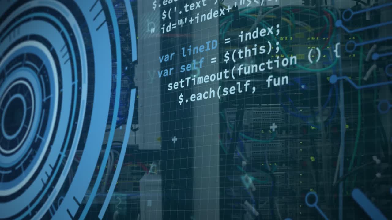 데이터 처리 및 둥근 스캐너와의 인터페이스의 애니메이션 컴퓨터 서버의 클로즈업