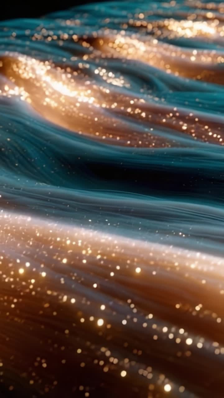 En imponerende visuel fremstilling af æteriske bølger oplyst af blændende partikler, der skaber en drømmeagtig atmosfære af lys og bevægelse i en kosmisk ramme