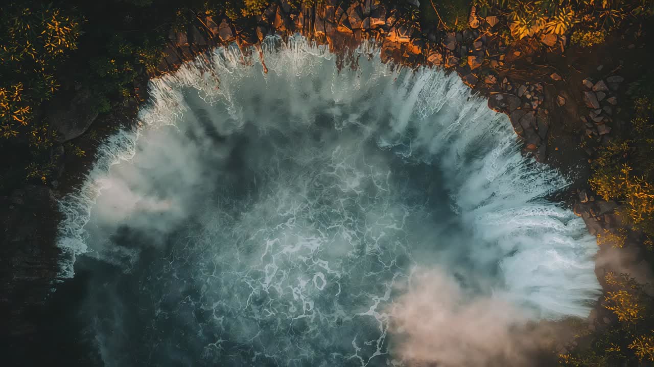 Pozza d'acqua spumeggiante che reagisce all'ondata oceanica sulla costa, riversandosi sul bordo roccioso e nebulizzando il caldo fogliame