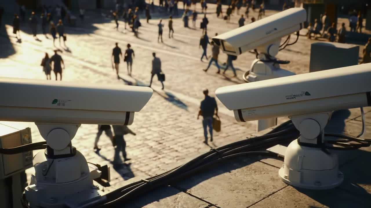Telecamere di sorveglianza che si affacciano su un'affollata piazza urbana, immortalando la vita quotidiana e le attività in un vivace spazio pubblico al tramonto