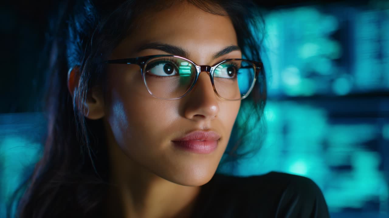 Introspective Portrait of a Young Woman with Glasses in a Digital Environment, Exuding Intelligence and Curiosity While Engaged in Contemplation and Analysis Amidst a Stunning Display of Technology