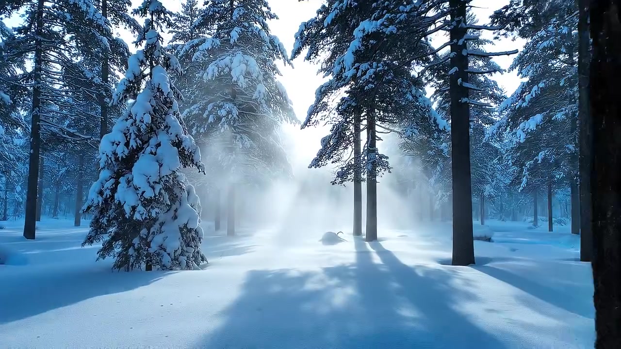 Beautiful misty winter forest landscape with sunbeams through pine trees