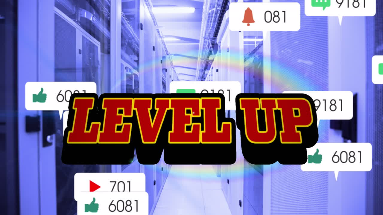 animación de texto de nivel y números que crecen sobre la sala del servidor