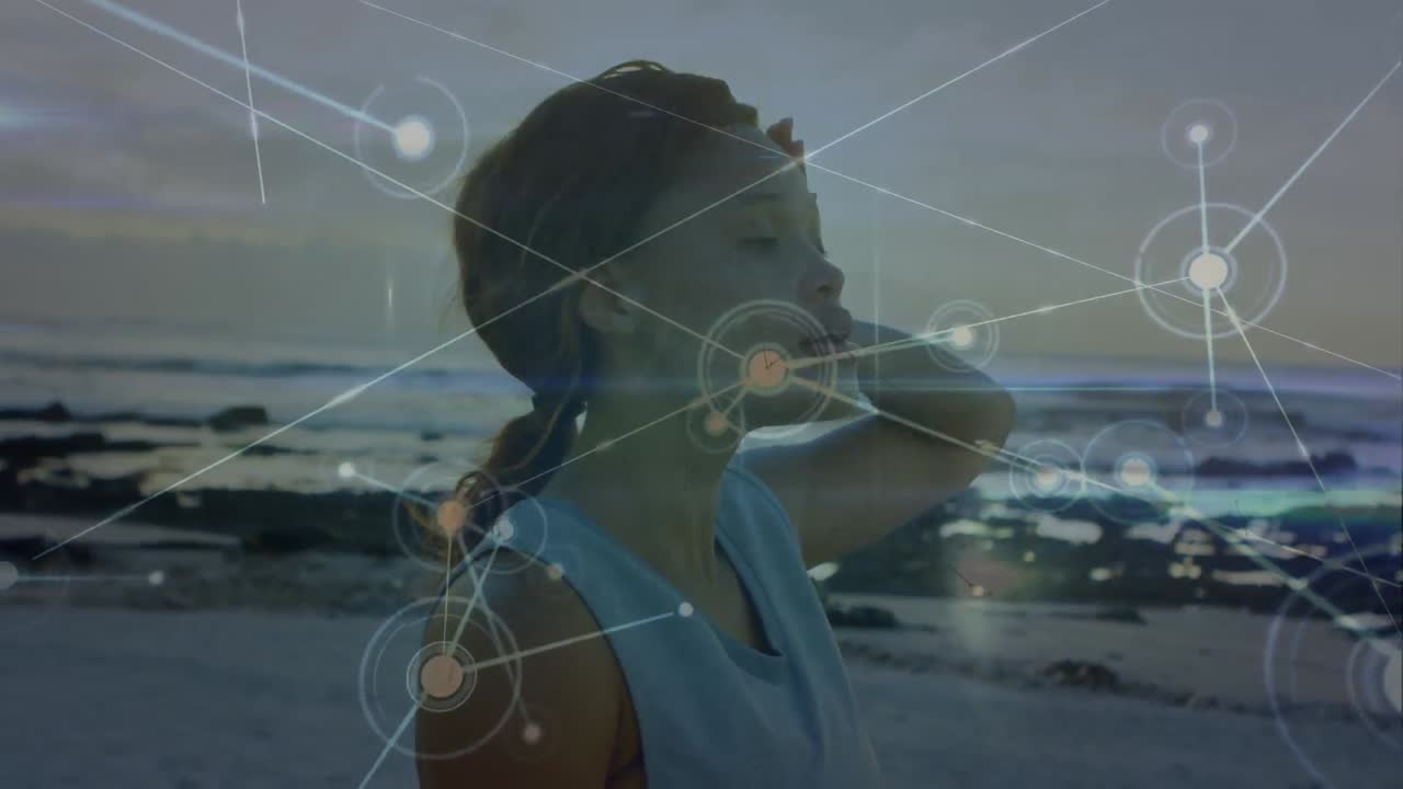 animación de conexiones sobre mujer afroamericana descansando durante la carrera