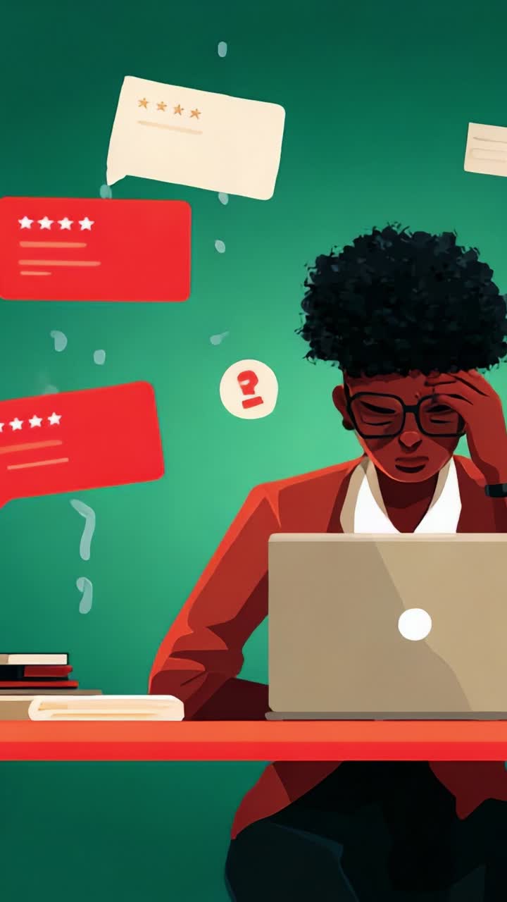 A stressed individual at a laptop grapples with overwhelming online reviews and feedback, embodying the challenge of managing digital reputation effectively