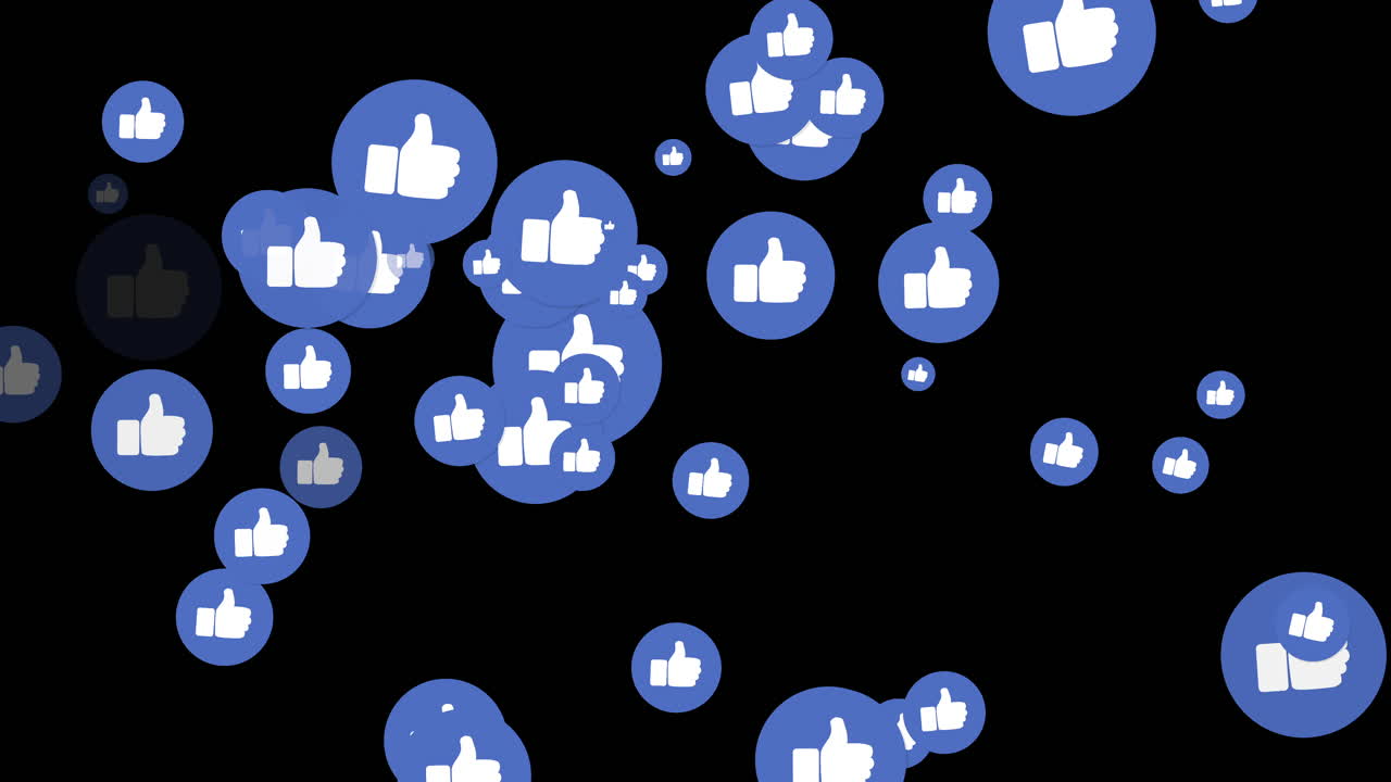 Le icone LIKE con il pollice in su dei social media fluttuano in una sovrapposizione su sfondo nero