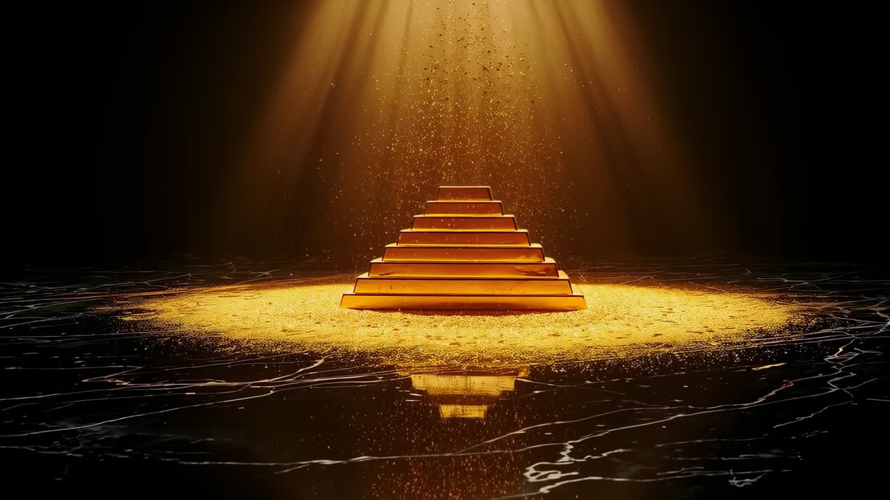 Luce zenitale che illumina gradoni dorati su sabbia in studio, con polvere dorata che cade e riflesso increspato