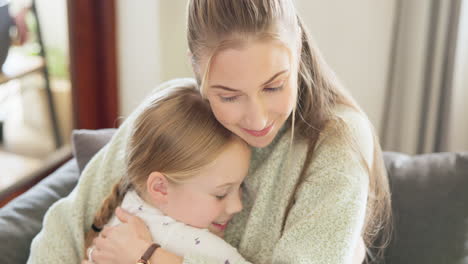 mom, love and hug girl with a smile or bonding