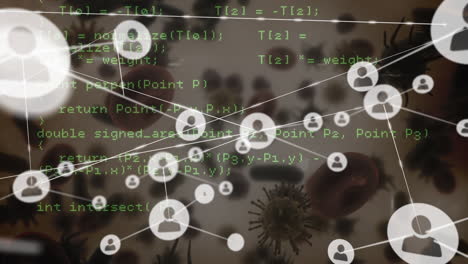red de iconos de perfil y procesamiento de datos contra células y vasos sanguíneos de covid-19