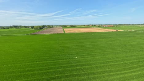 Fast-drone-shot-flying-over-lush-green-farm-fields-near-Middelburg,-The-Netherlands