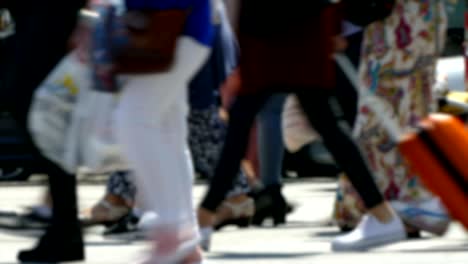 side view blurry pedestrians walking.