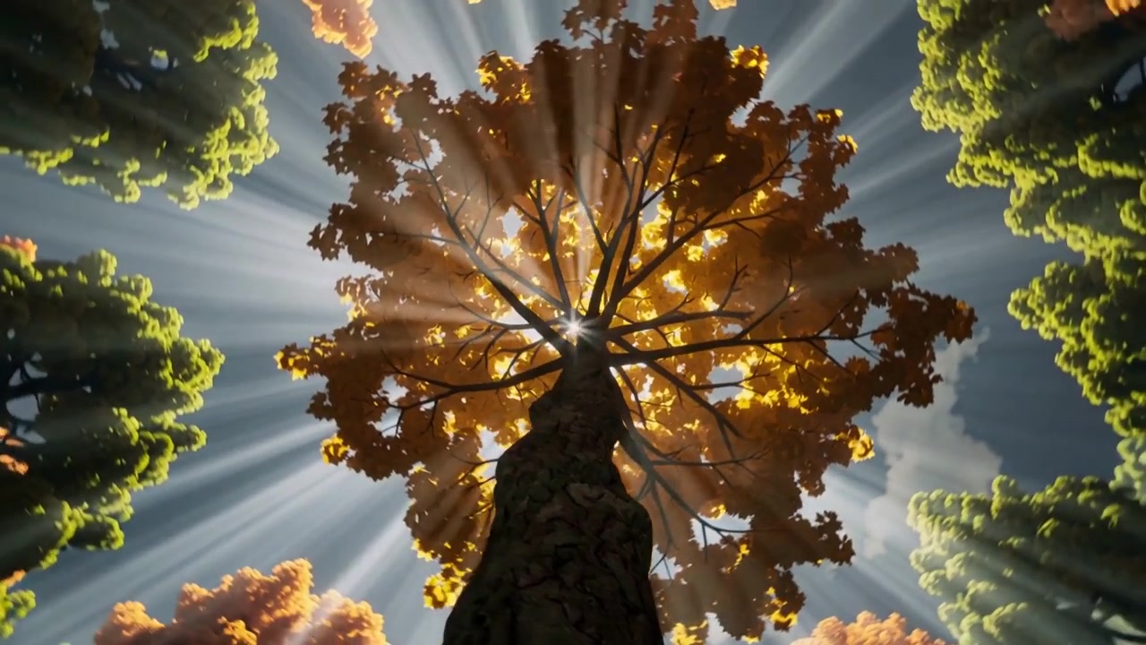 Framing tall tree trunk rising at forest base, shifting sun making sunbeams through orange canopy