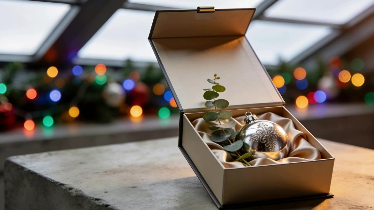 Panning camera showing gift box on ledge by skylight for bokeh with ornament eucalyptus, copy space