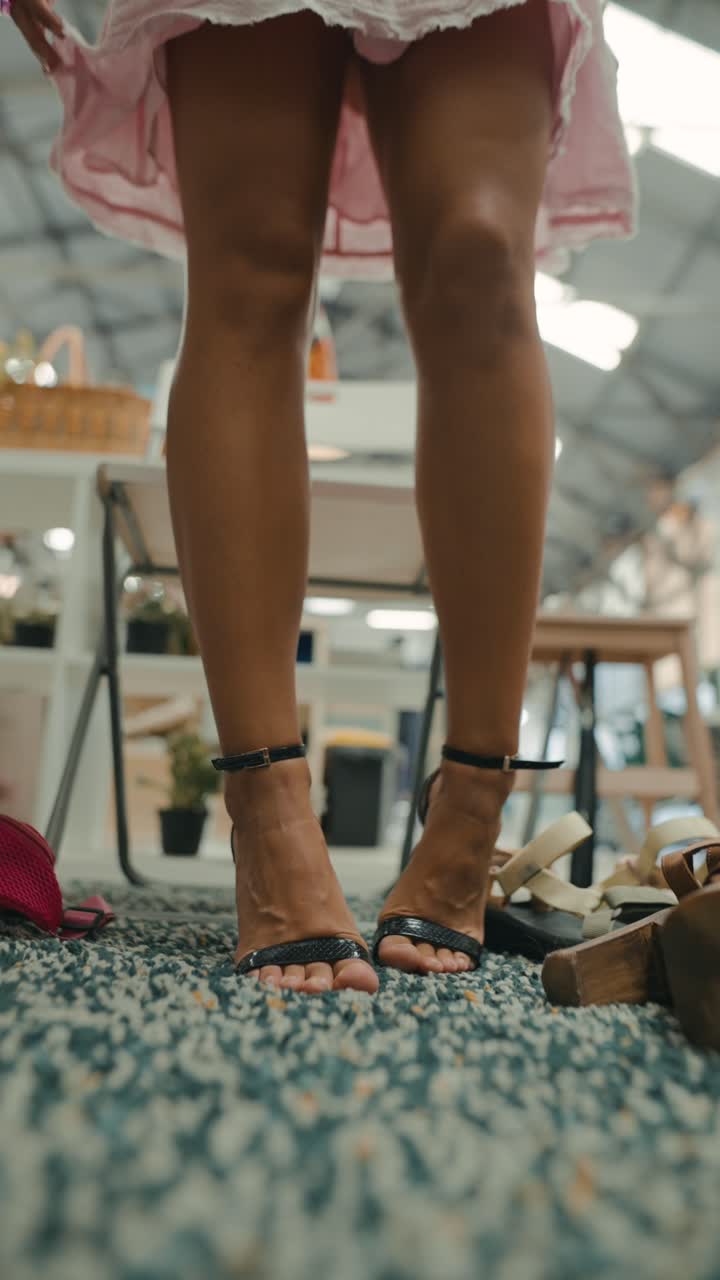 A woman wearing high heels standing on a carpet