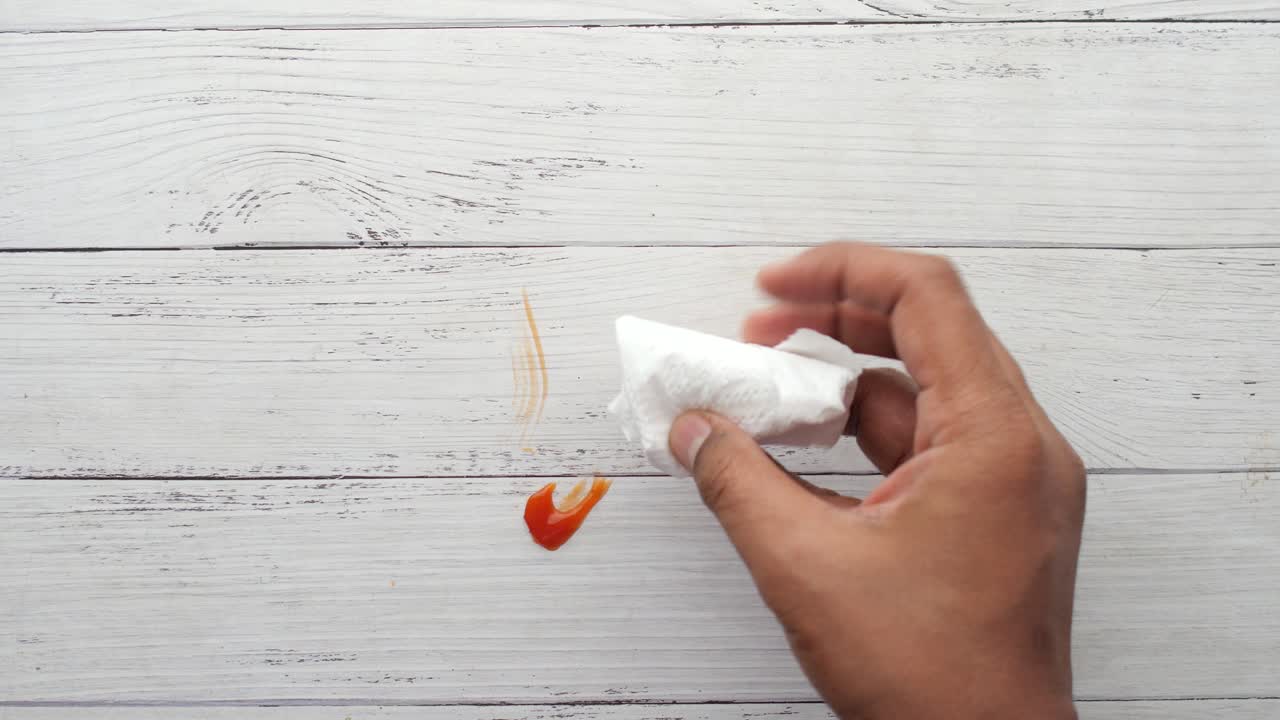 Pulire una macchia di ketchup su un tavolo di legno