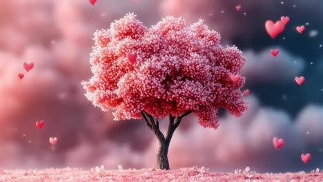 pink tree, hearts in sky. a pink flowering tree stands in a dreamy landscape filled with floating hearts and soft clouds at sunset.