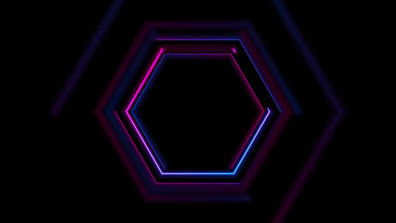 Sfondo animato esagonale al neon luminoso blu e viola