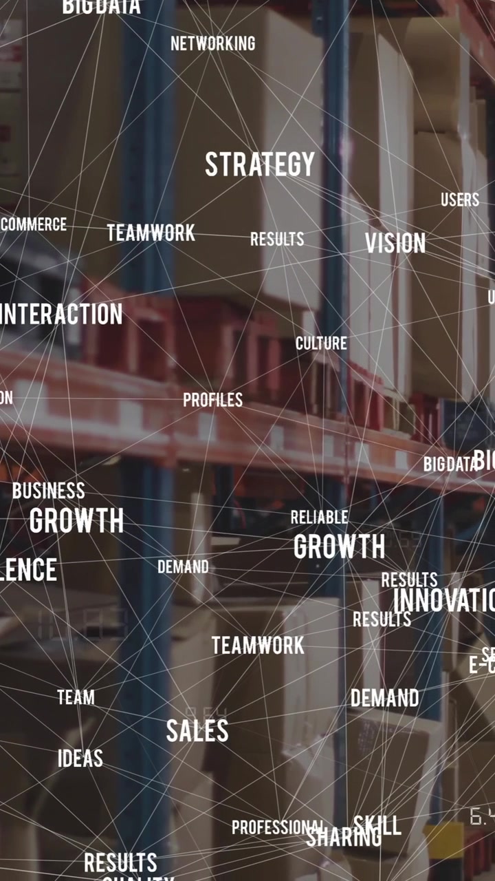 Animation of network of connections with texts over warehouse