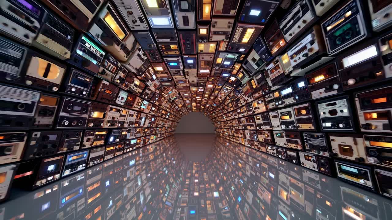 Dynamic tunnel of vintage cassette players creates a mesmerizing visual journey, showcasing reflections and illuminated details in a continuous motion sequence