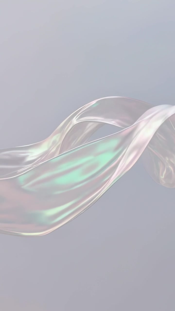 Vertical video: Floating ribbon moving with unseen breeze in pale gray, shifting pink teal sheens