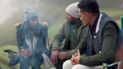 campfire, group and friends talking in nature