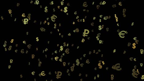 golden dollar, rouble and euro symbols falling on the black background. 4k