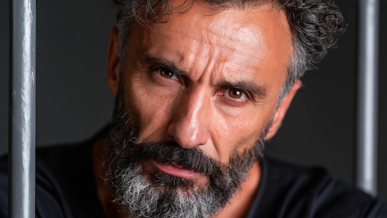 Primo piano intenso di un uomo dietro le sbarre, che cattura emozione e grinta in un'ambientazione scura, sottolineando profondità ed espressione nei tratti del viso.
