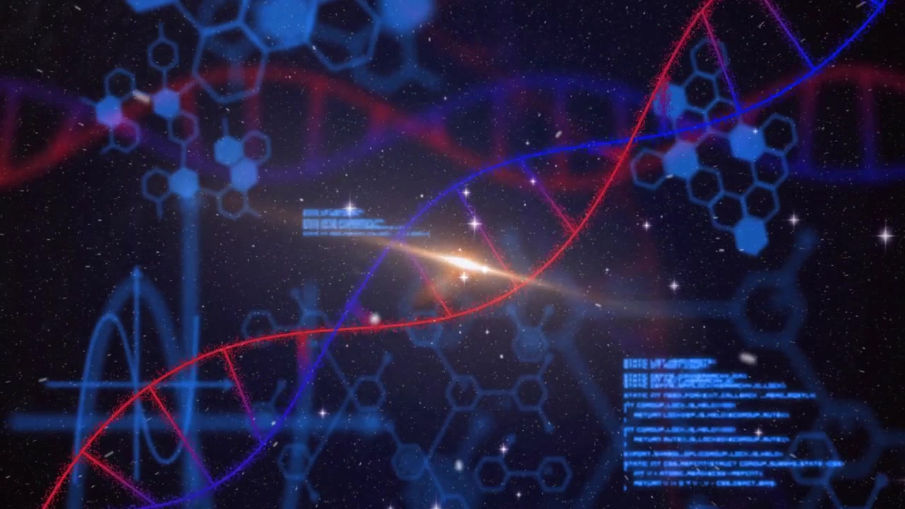 Starting with starfield hexagons, rising dual color helix scrolling code flaring light showing data