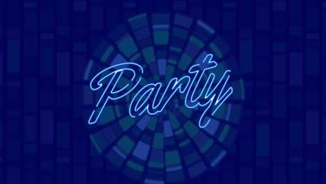 animation of party text and illuminating disco ball rotating on abstract blue background