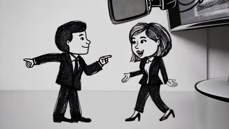 black and white cartoon of two business figures conversing with a microphone