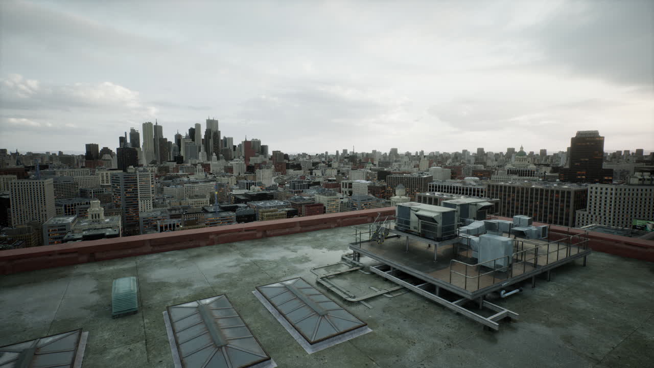 The roof of building with skyscrapers view on the city