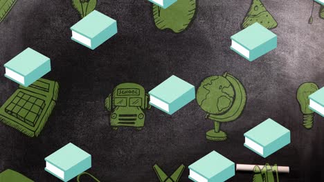animación de los iconos de los artículos escolares que se mueven por la borda