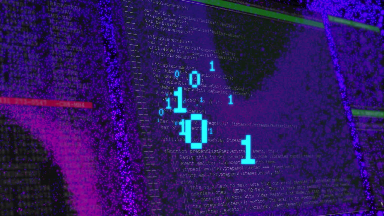 animación de codificación binaria y procesamiento de datos por computadora sobre un fondo oscuro