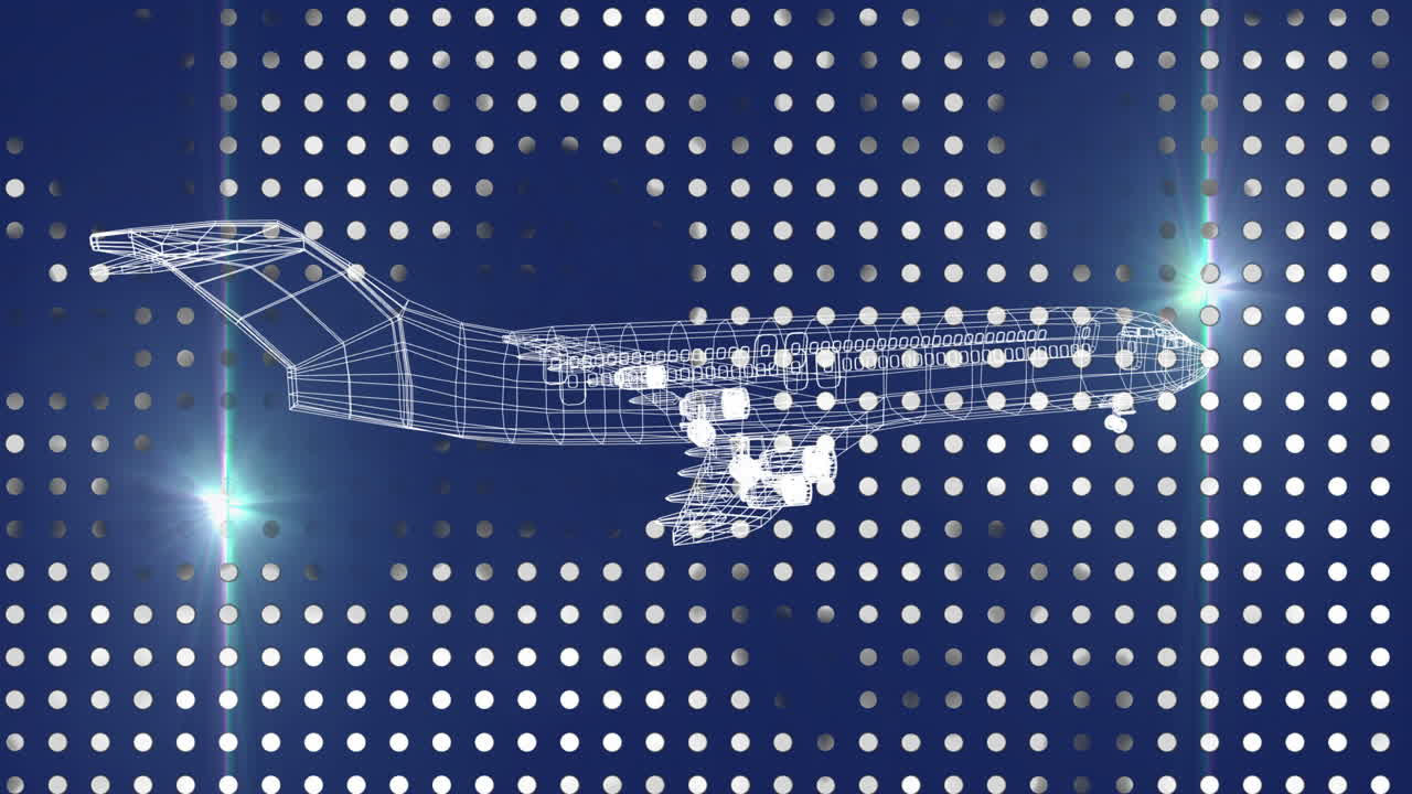 Wireframe airplane animation over blue background featuring white dotted pattern