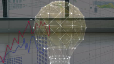 animation of financial data processing and light bulb over people walking in fast motion