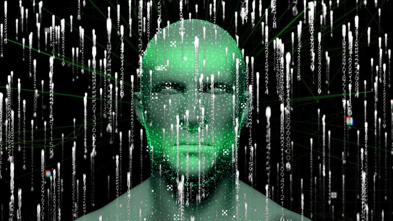 animación del procesamiento de datos sobre la cabeza humana digital y la red de conexiones