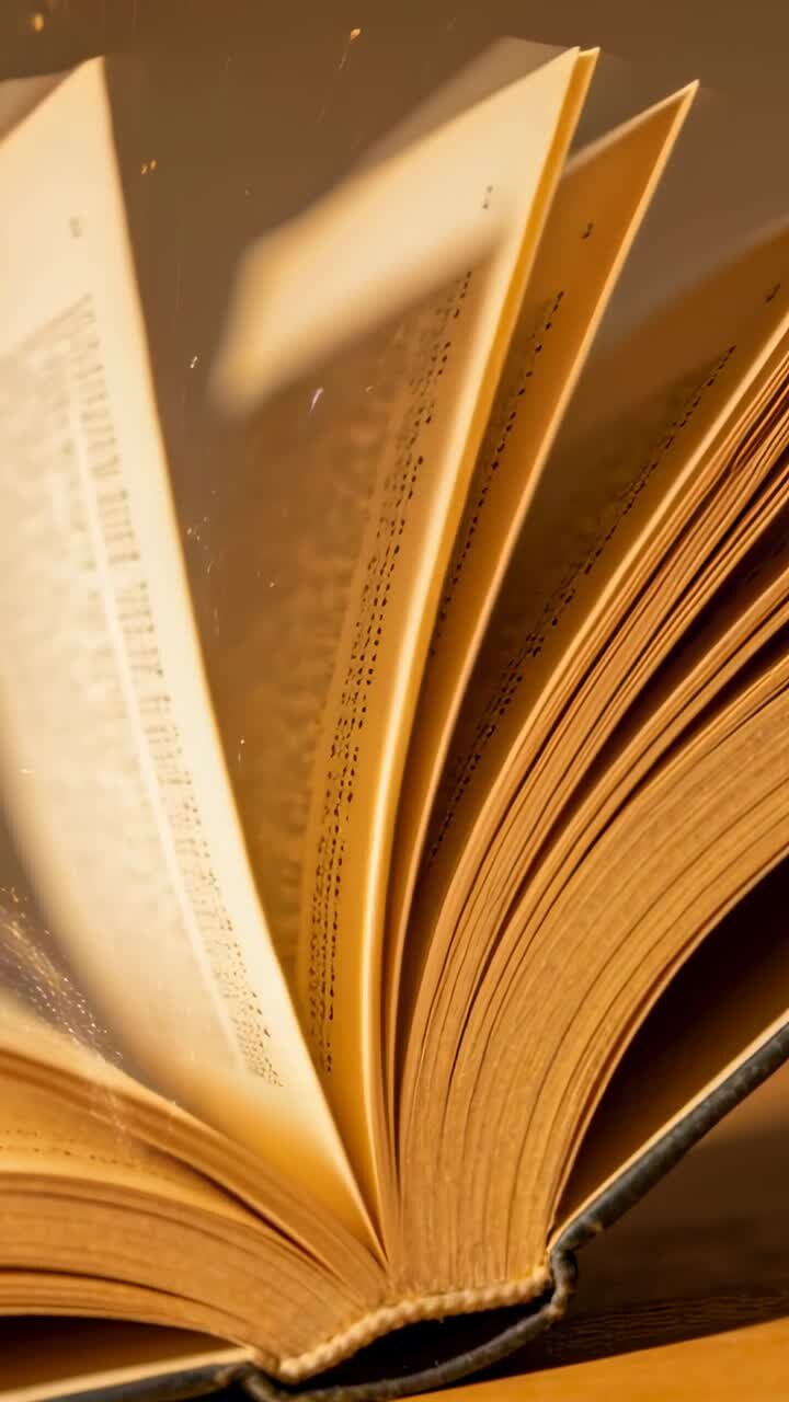 Video verticale: Una leggera corrente d'aria che fa sollevare e svolazzare le pagine di un vecchio libro su un tavolo, mostrando la polvere.