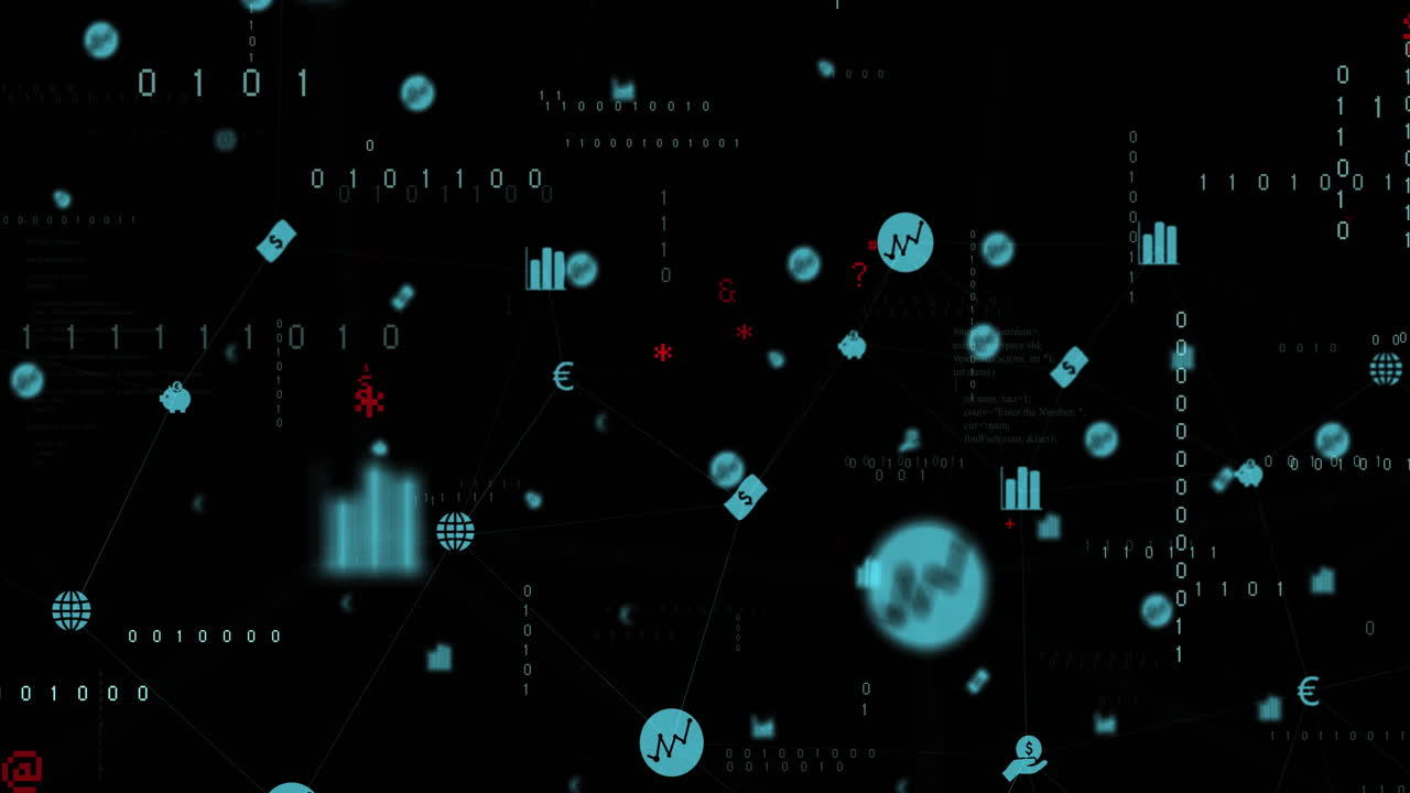 Animation of digital data processing over network with icons on black background