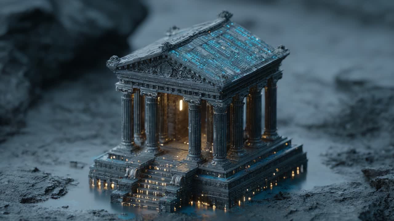 A Stunning 3D Representation of an Ancient Temple Illuminated with Vibrant Lights, Showcasing Intricate Architectural Details and Mystical Atmosphere