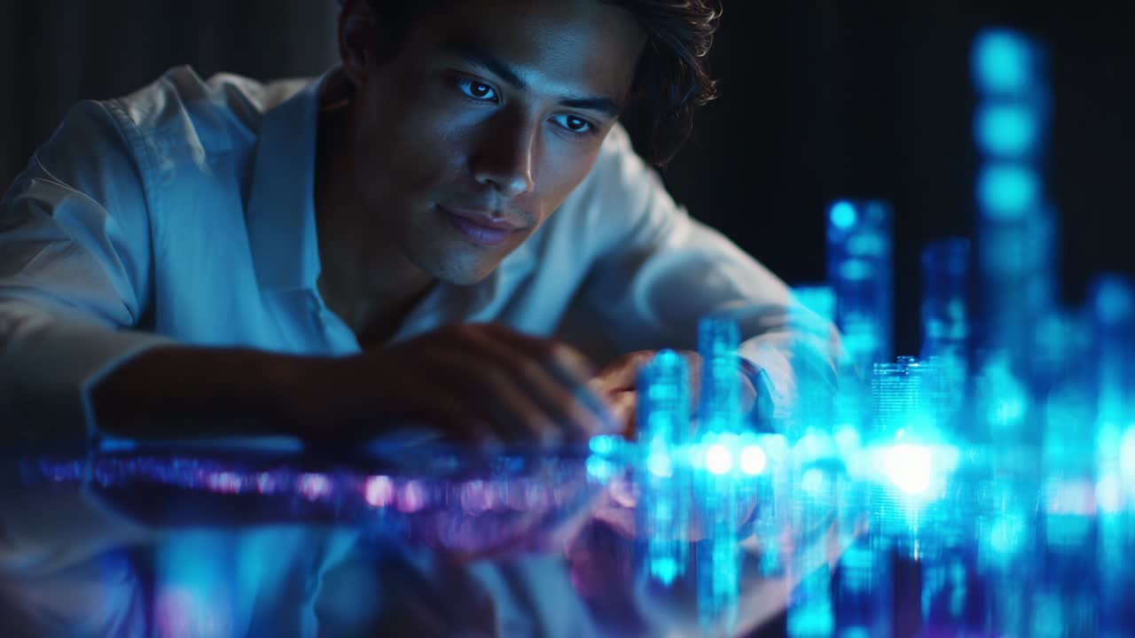 An Intense Exploration of Digital Visualizations: A Pensive Young Man Analyzes Data Through Futuristic Blue Graphics, Revealing Insights into Technology and Innovation for a Digital Age